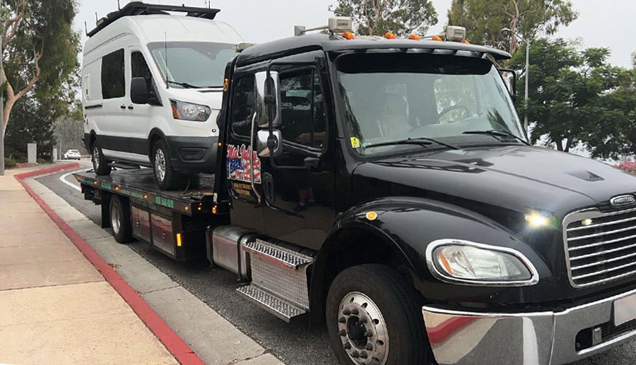 Midvalley-Towing-Flatbed-Tow-Truck-Towing-Ford-Transit-in-North-Hollywood-California Mid Valley Towing Flatbed Tow Truck towing Ford Transit in North Hollywood California